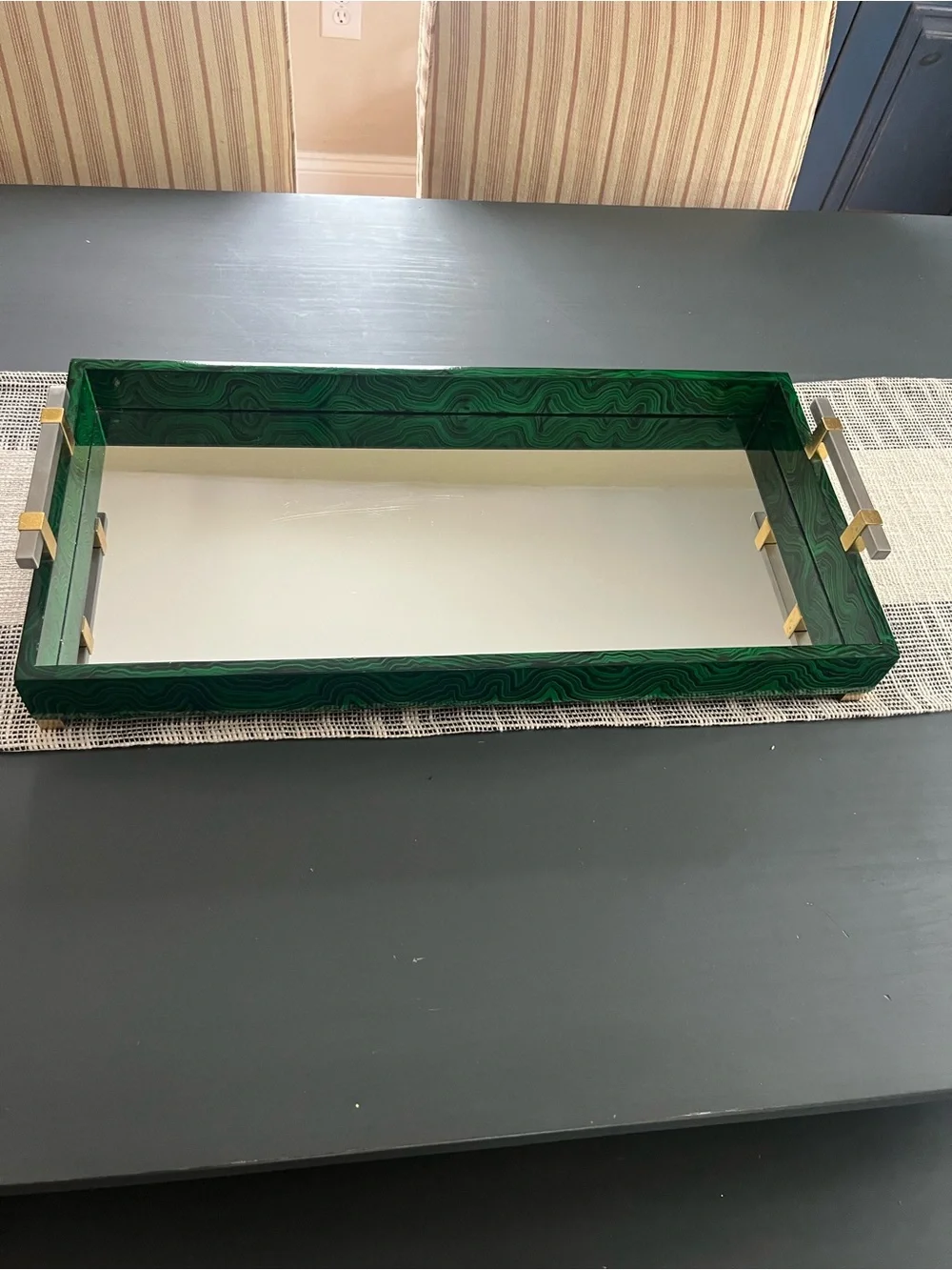 John Richard Emerald Green /black Glass Vanity Tray with Gold/silver Handles